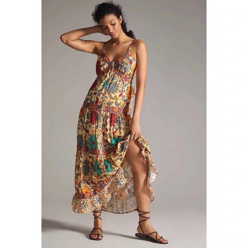 Anthropologie Love The Label Floral Border Print Maxi Dress